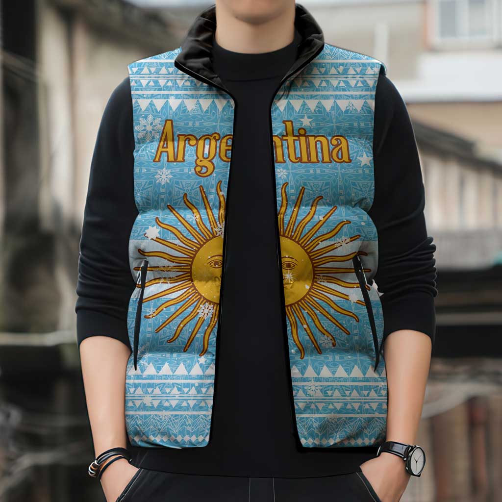Argentina Christmas Sleeveless Puffer Jacket with Blue-White Snowflake Pattern, Sun Emblem, and Map Motif - Wonder Print Shop