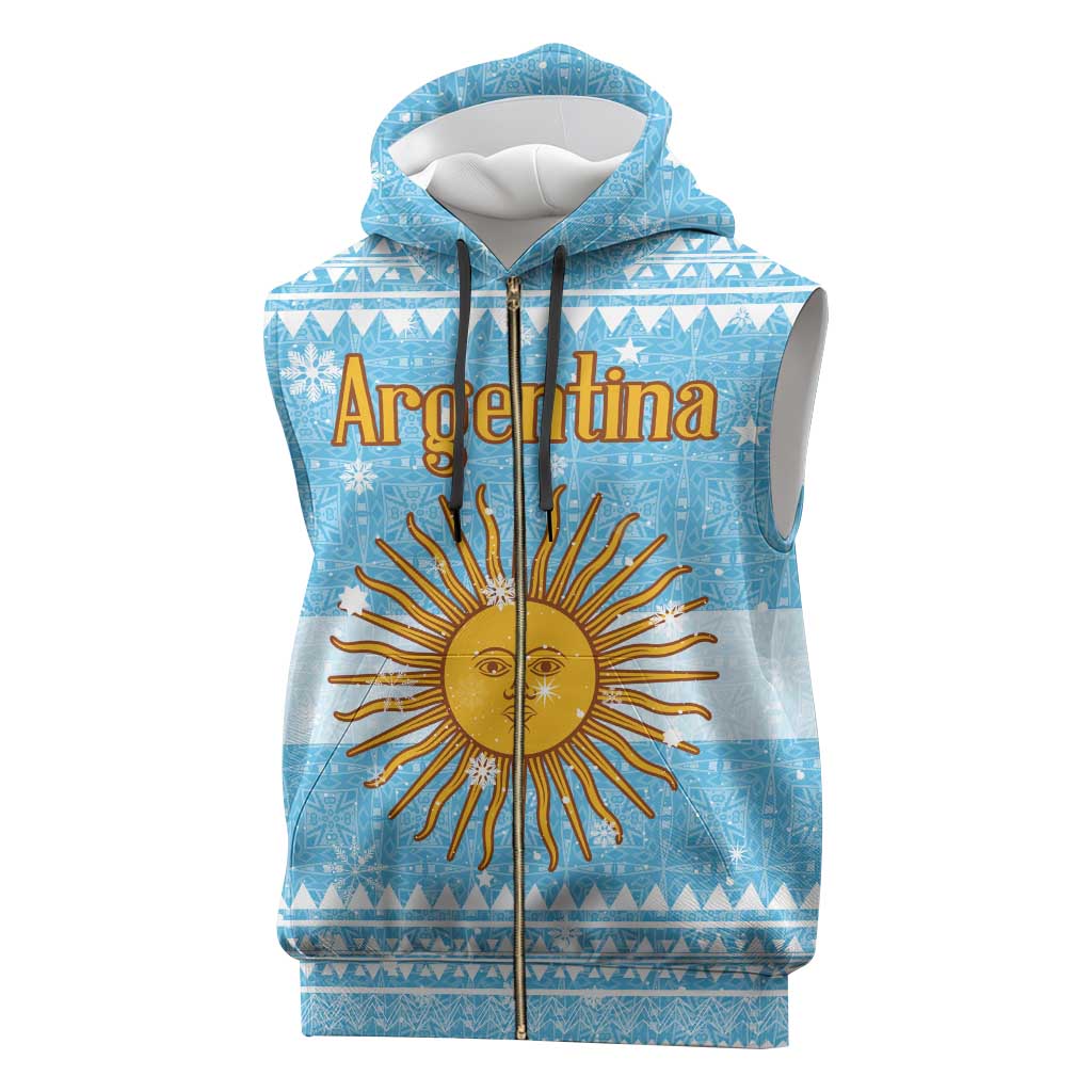 Argentina Christmas Sleeveless Zip Hoodie with Blue-White Snowflake Pattern, Sun Emblem, and Map Motif - Wonder Print Shop