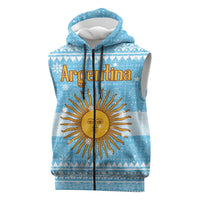 Argentina Christmas Sleeveless Zip Hoodie with Blue-White Snowflake Pattern, Sun Emblem, and Map Motif - Wonder Print Shop
