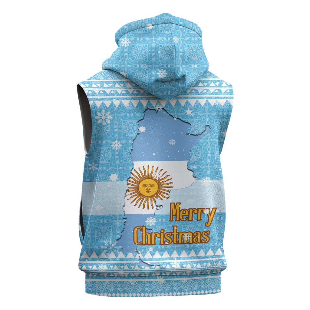 Argentina Christmas Sleeveless Zip Hoodie with Blue-White Snowflake Pattern, Sun Emblem, and Map Motif - Wonder Print Shop