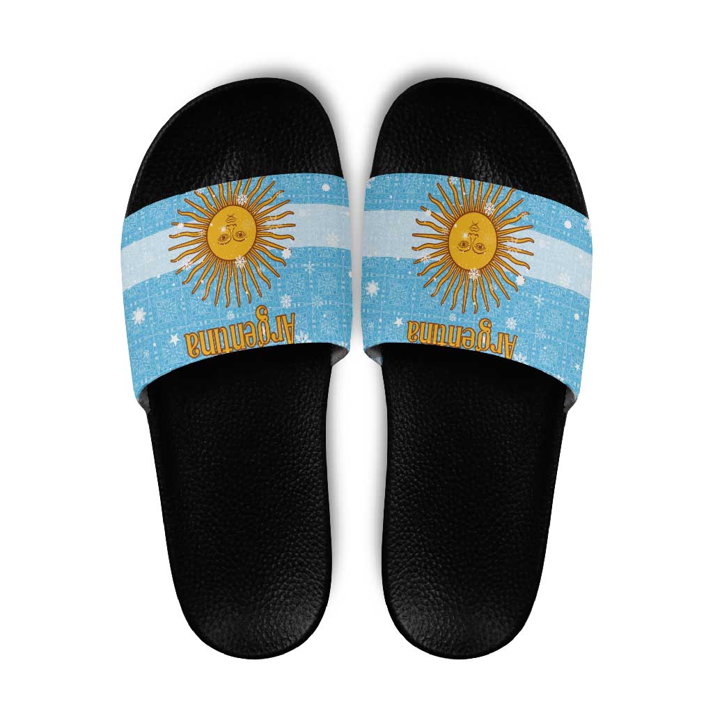 Argentina Christmas Slide Sandals with Blue-White Snowflake Pattern, Sun Emblem, and Map Motif - Wonder Print Shop
