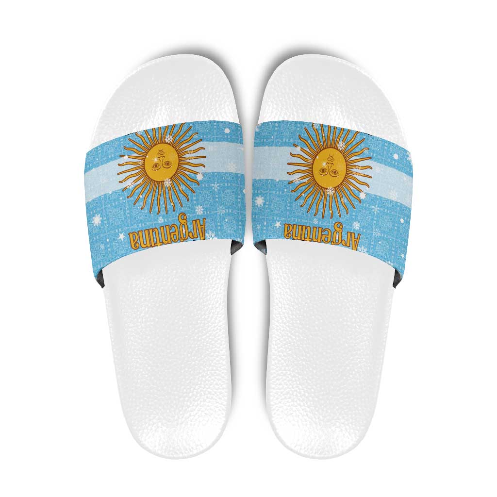 Argentina Christmas Slide Sandals with Blue-White Snowflake Pattern, Sun Emblem, and Map Motif - Wonder Print Shop