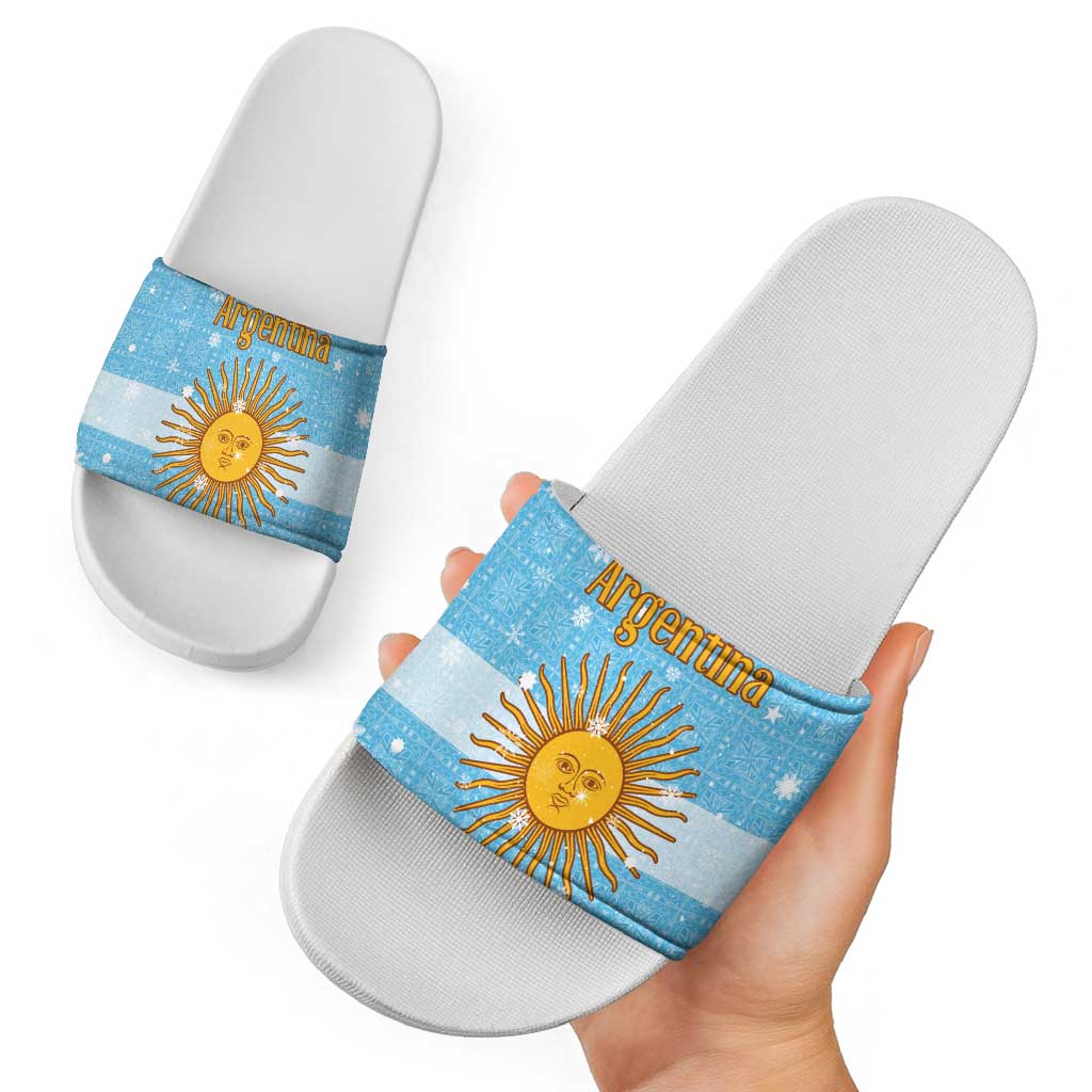 Argentina Christmas Slide Sandals with Blue-White Snowflake Pattern, Sun Emblem, and Map Motif - Wonder Print Shop