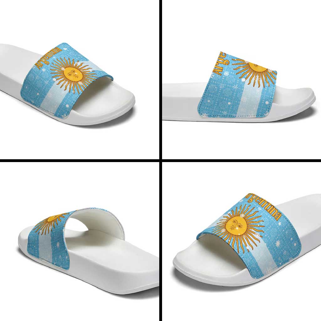Argentina Christmas Slide Sandals with Blue-White Snowflake Pattern, Sun Emblem, and Map Motif - Wonder Print Shop