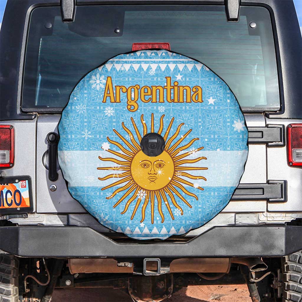 Argentina Christmas Spare Tire Cover with Blue-White Snowflake Pattern, Sun Emblem, and Map Motif - Wonder Print Shop