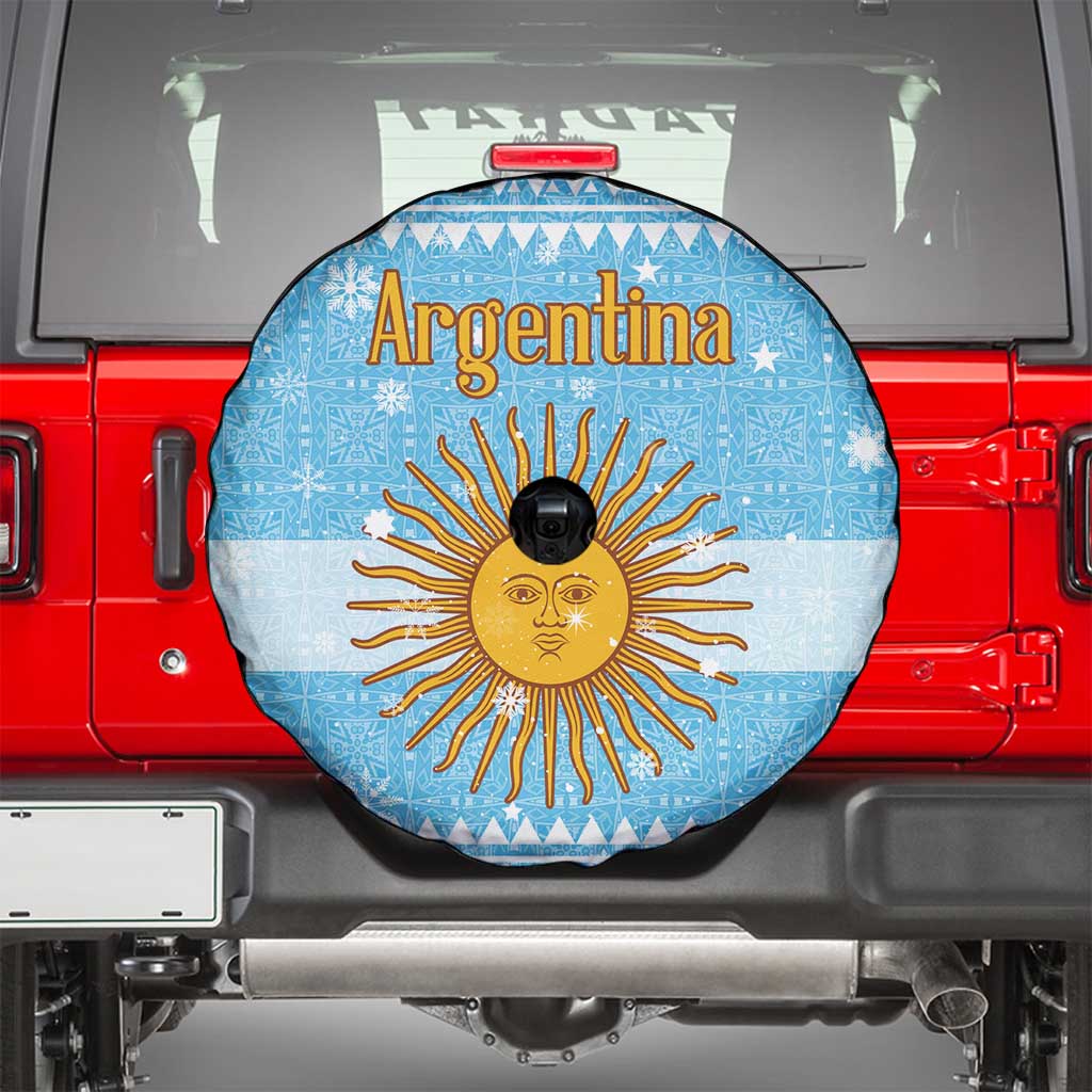 Argentina Christmas Spare Tire Cover with Blue-White Snowflake Pattern, Sun Emblem, and Map Motif - Wonder Print Shop