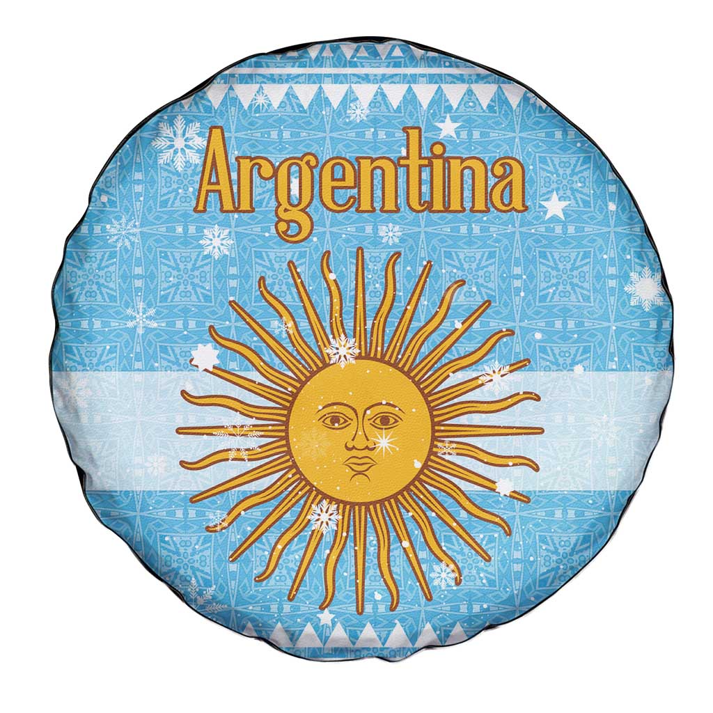 Argentina Christmas Spare Tire Cover with Blue-White Snowflake Pattern, Sun Emblem, and Map Motif - Wonder Print Shop