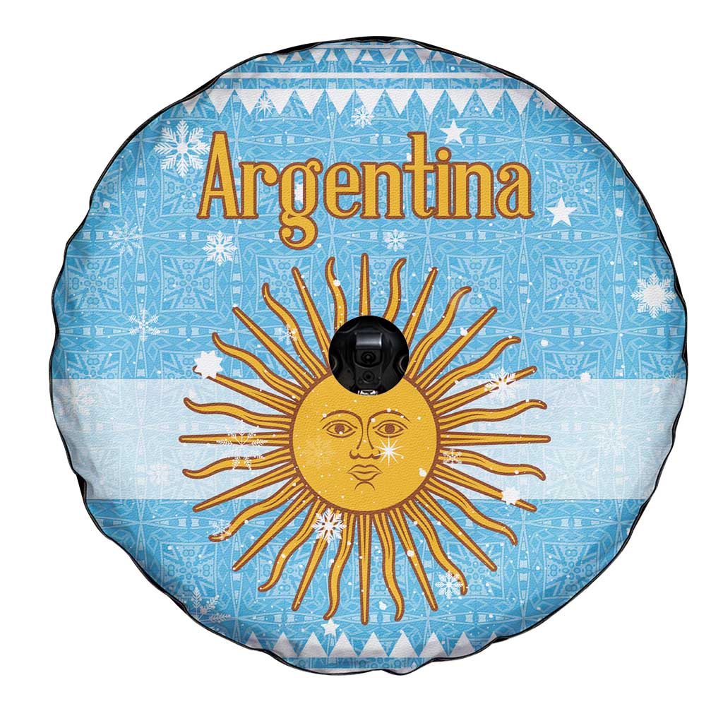 Argentina Christmas Spare Tire Cover with Blue-White Snowflake Pattern, Sun Emblem, and Map Motif - Wonder Print Shop