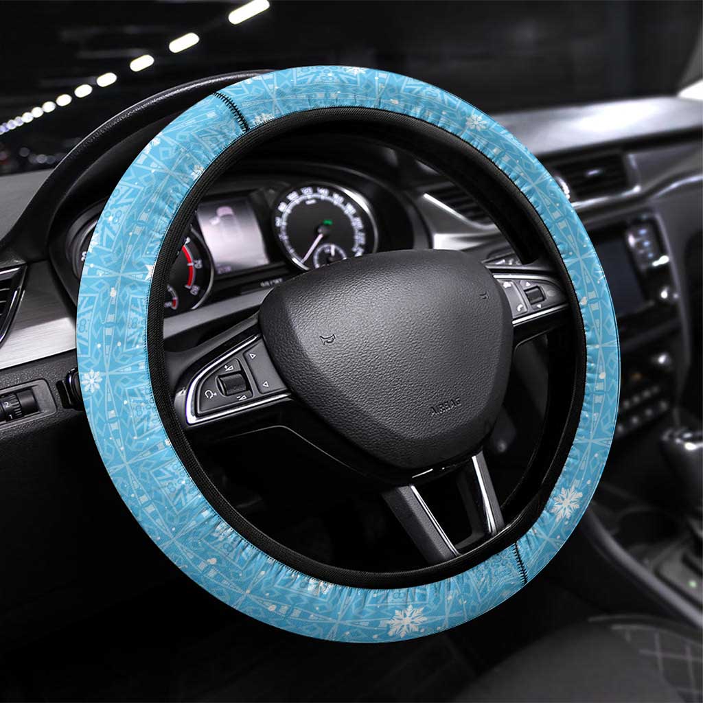 Argentina Christmas Steering Wheel Cover with Blue-White Snowflake Pattern, Sun Emblem, and Map Motif - Wonder Print Shop