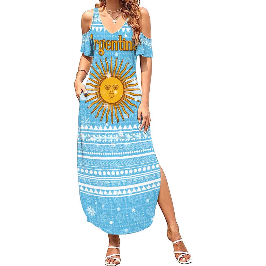 Argentina Christmas Summer Maxi Dress with Blue-White Snowflake Pattern, Sun Emblem, and Map Motif - Wonder Print Shop
