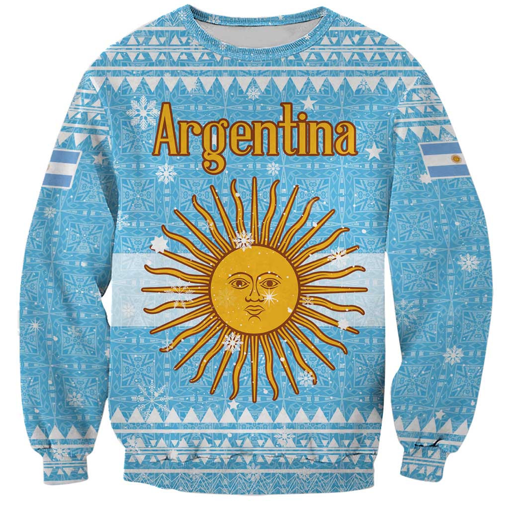 Argentina Christmas Sweatshirt with Blue-White Snowflake Pattern, Sun Emblem, and Map Motif - Wonder Print Shop