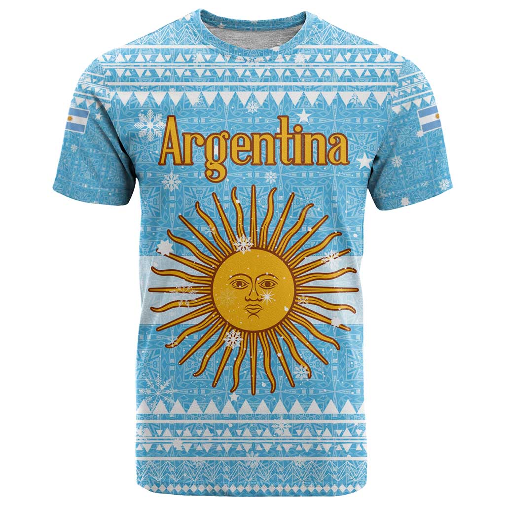 Argentina Christmas T Shirt with Blue-White Snowflake Pattern, Sun Emblem, and Map Motif - Wonder Print Shop