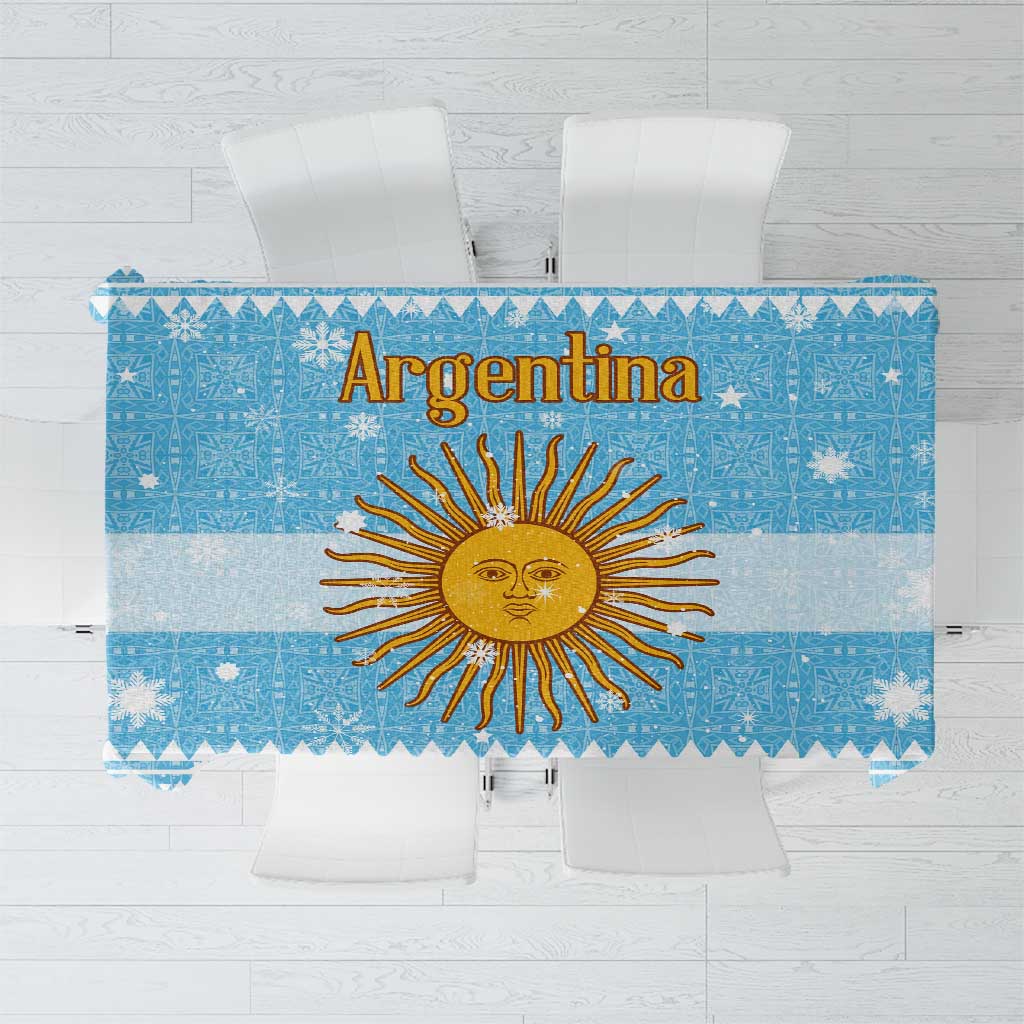 Argentina Christmas Tablecloth with Blue-White Snowflake Pattern, Sun Emblem, and Map Motif - Wonder Print Shop