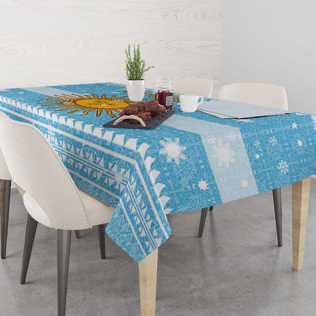 Argentina Christmas Tablecloth with Blue-White Snowflake Pattern, Sun Emblem, and Map Motif - Wonder Print Shop