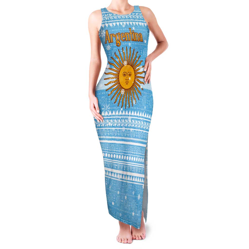 Argentina Christmas Tank Maxi Dress with Blue-White Snowflake Pattern, Sun Emblem, and Map Motif - Wonder Print Shop
