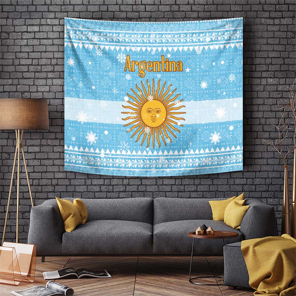 Argentina Christmas Tapestry with Blue-White Snowflake Pattern, Sun Emblem, and Map Motif - Wonder Print Shop