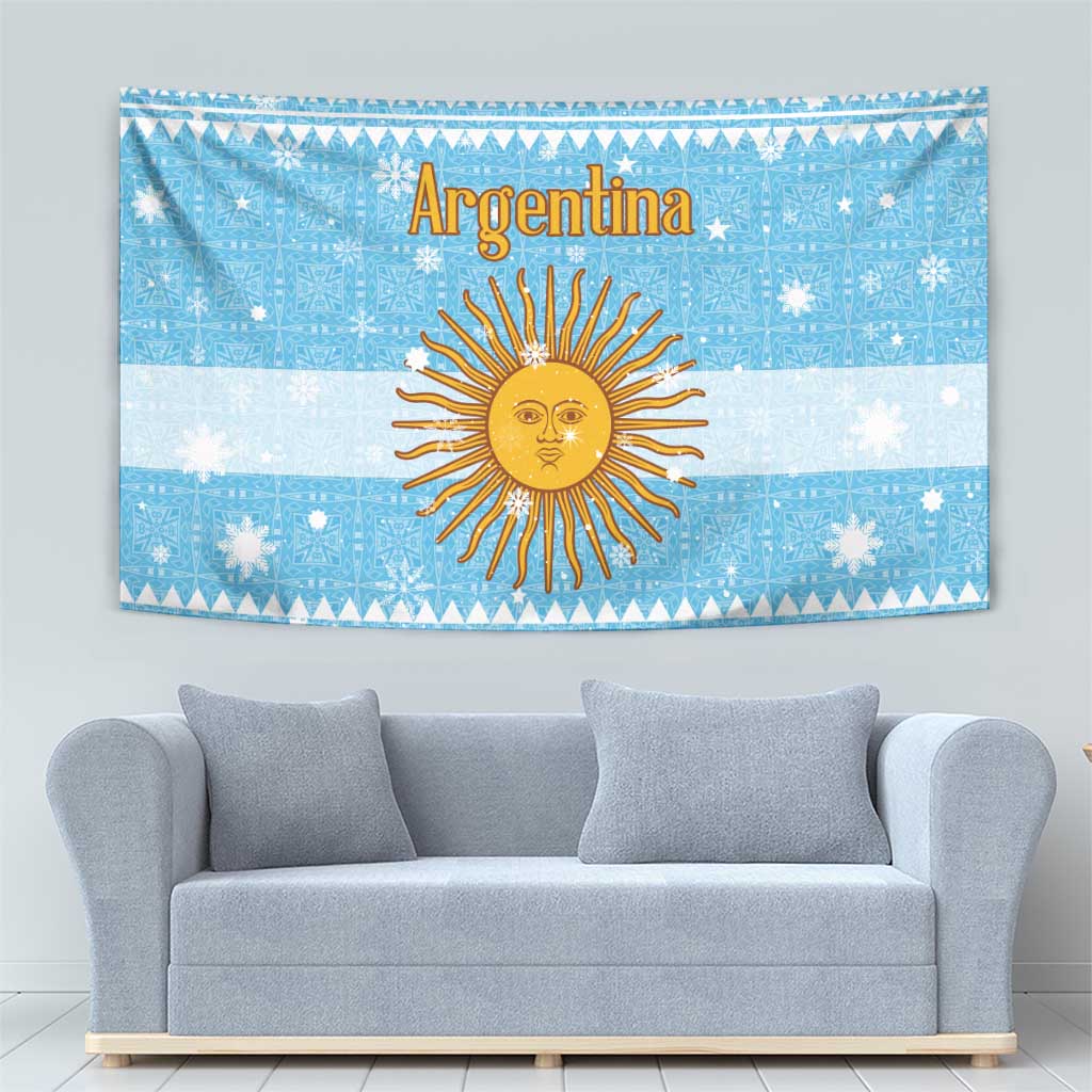 Argentina Christmas Tapestry with Blue-White Snowflake Pattern, Sun Emblem, and Map Motif - Wonder Print Shop