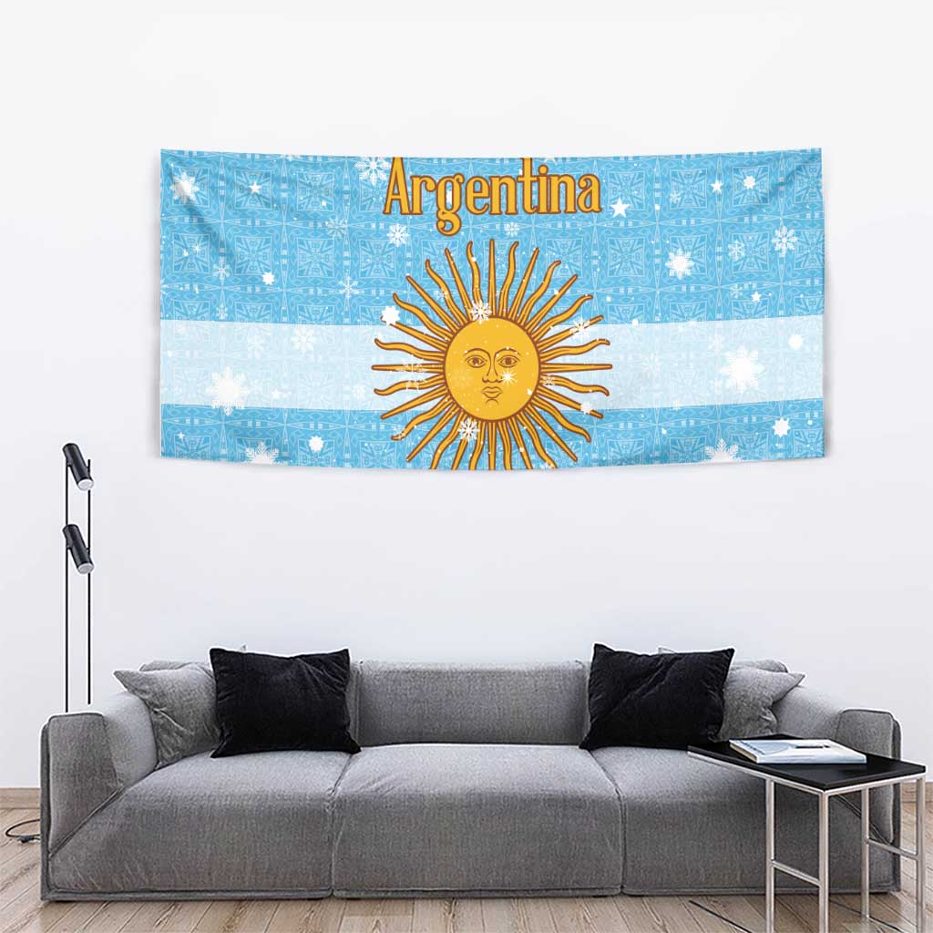 Argentina Christmas Tapestry with Blue-White Snowflake Pattern, Sun Emblem, and Map Motif - Wonder Print Shop