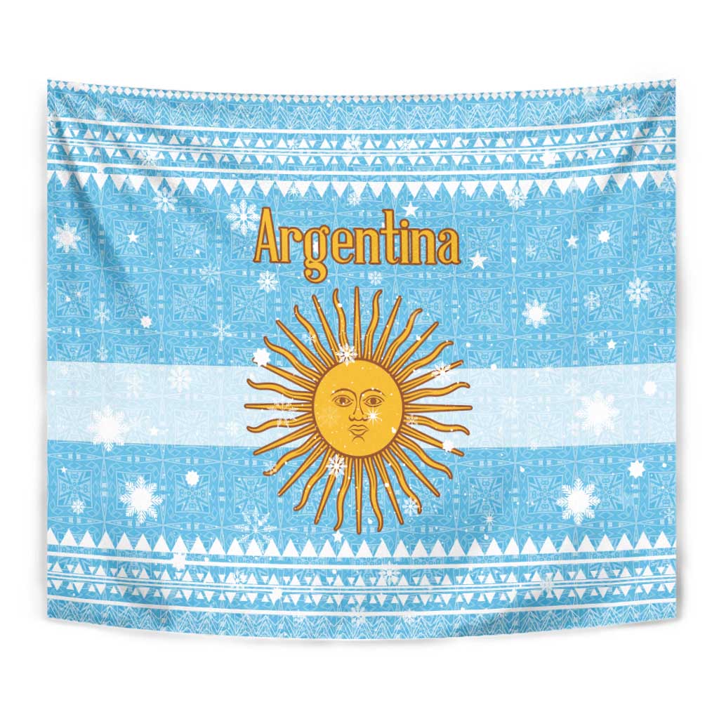 Argentina Christmas Tapestry with Blue-White Snowflake Pattern, Sun Emblem, and Map Motif - Wonder Print Shop