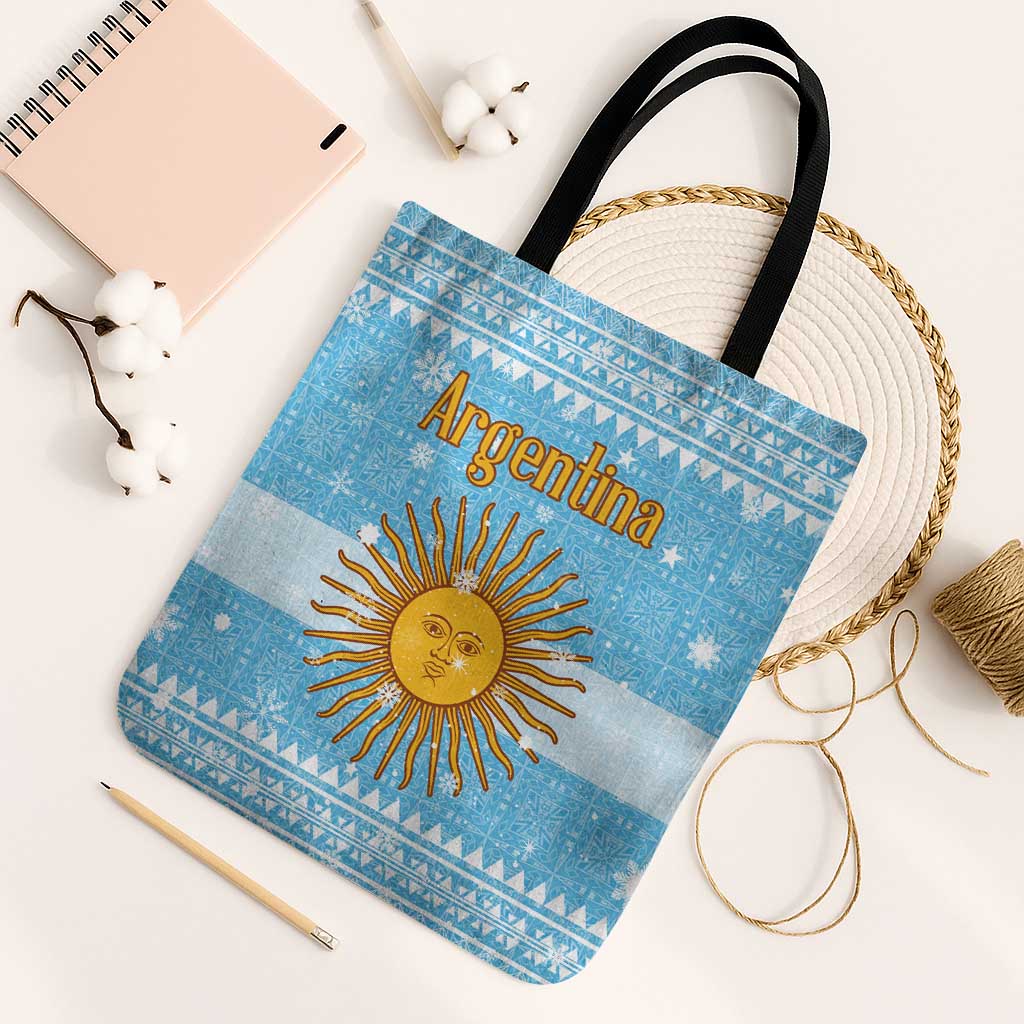 Argentina Christmas Tote Bag with Blue-White Snowflake Pattern, Sun Emblem, and Map Motif - Wonder Print Shop