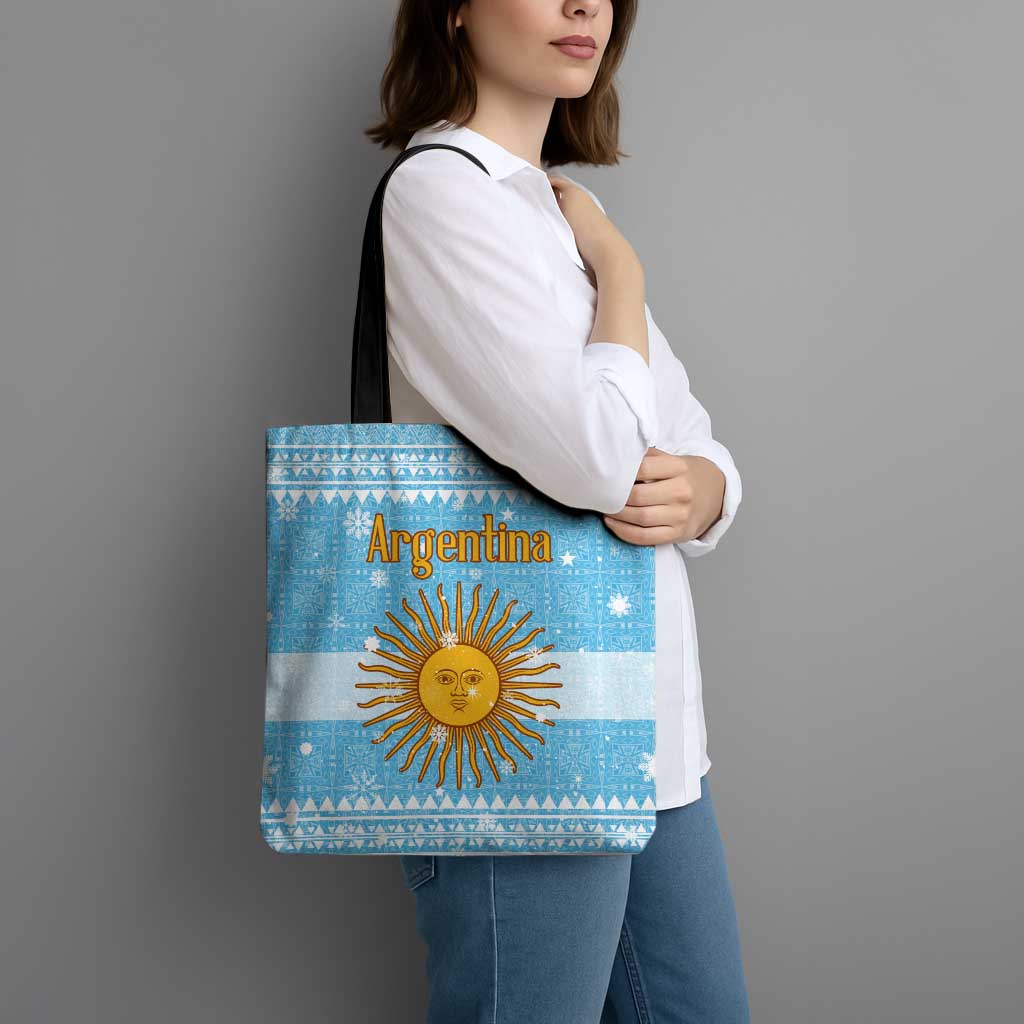 Argentina Christmas Tote Bag with Blue-White Snowflake Pattern, Sun Emblem, and Map Motif - Wonder Print Shop