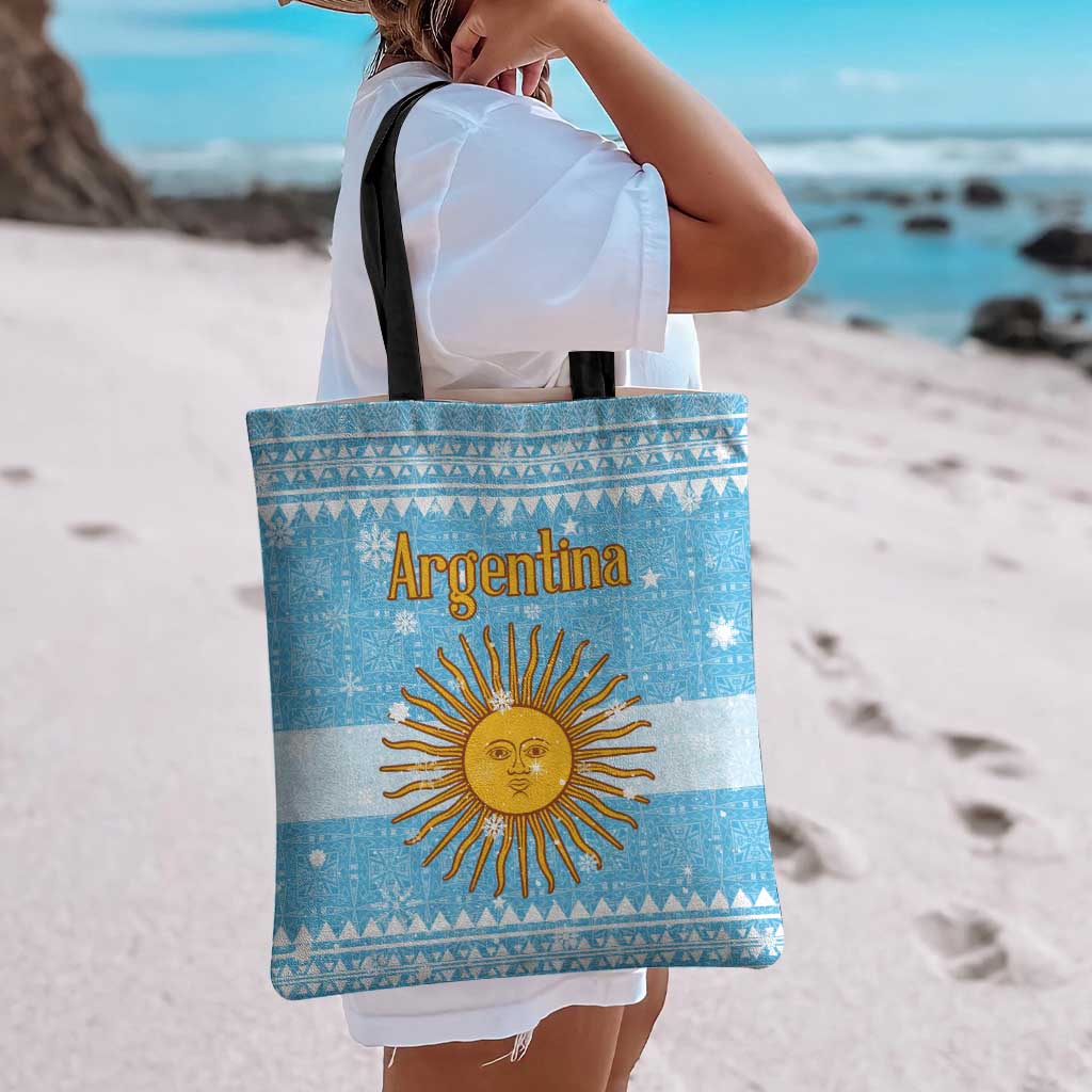 Argentina Christmas Tote Bag with Blue-White Snowflake Pattern, Sun Emblem, and Map Motif - Wonder Print Shop