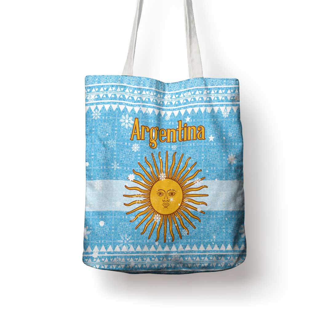 Argentina Christmas Tote Bag with Blue-White Snowflake Pattern, Sun Emblem, and Map Motif - Wonder Print Shop