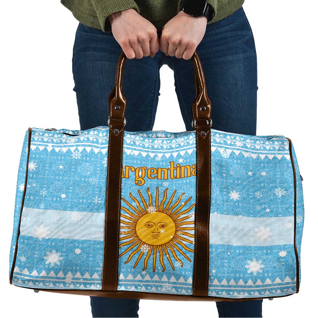 Argentina Christmas Travel Bag with Blue-White Snowflake Pattern, Sun Emblem, and Map Motif - Wonder Print Shop