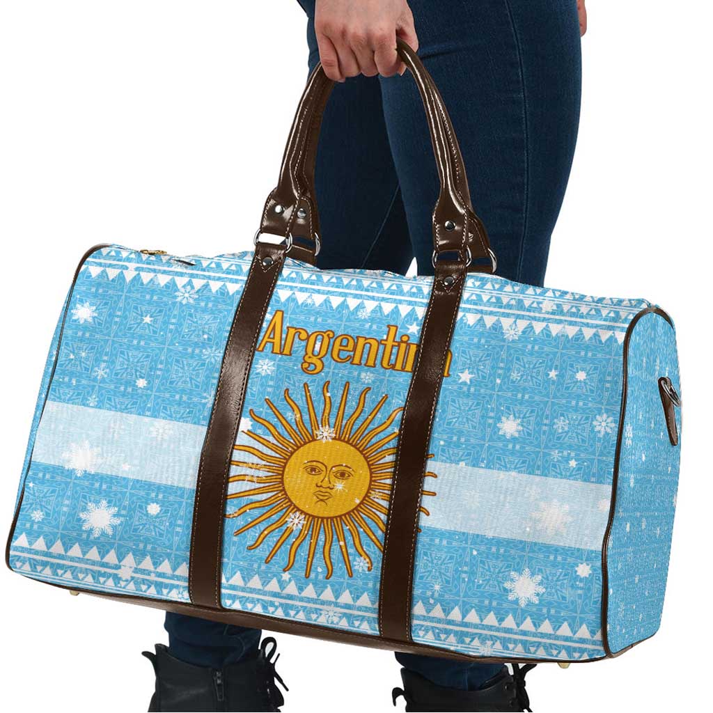 Argentina Christmas Travel Bag with Blue-White Snowflake Pattern, Sun Emblem, and Map Motif - Wonder Print Shop