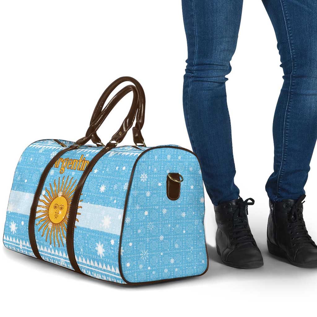 Argentina Christmas Travel Bag with Blue-White Snowflake Pattern, Sun Emblem, and Map Motif - Wonder Print Shop
