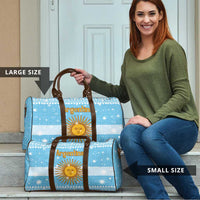 Argentina Christmas Travel Bag with Blue-White Snowflake Pattern, Sun Emblem, and Map Motif - Wonder Print Shop