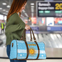Argentina Christmas Travel Bag with Blue-White Snowflake Pattern, Sun Emblem, and Map Motif - Wonder Print Shop