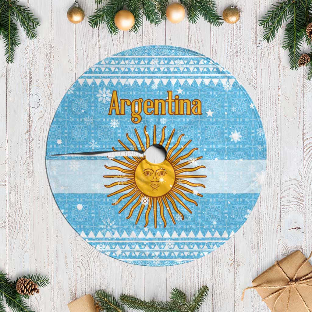 Argentina Christmas Tree Skirt with Blue-White Snowflake Pattern, Sun Emblem, and Map Motif - Wonder Print Shop
