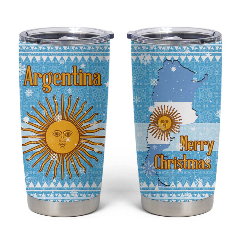 Argentina Christmas Tumbler Cup with Blue-White Snowflake Pattern, Sun Emblem, and Map Motif - Wonder Print Shop