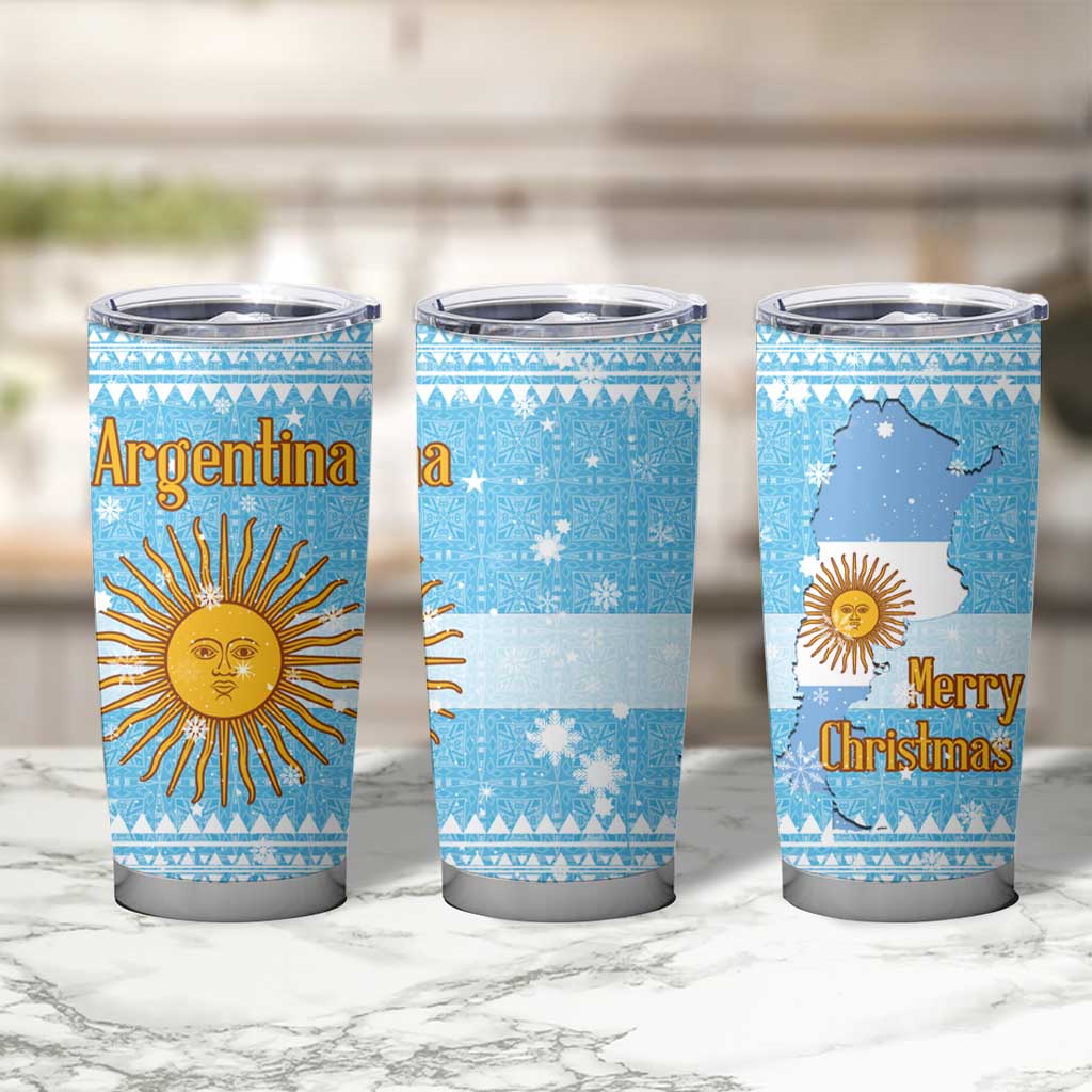 Argentina Christmas Tumbler Cup with Blue-White Snowflake Pattern, Sun Emblem, and Map Motif - Wonder Print Shop