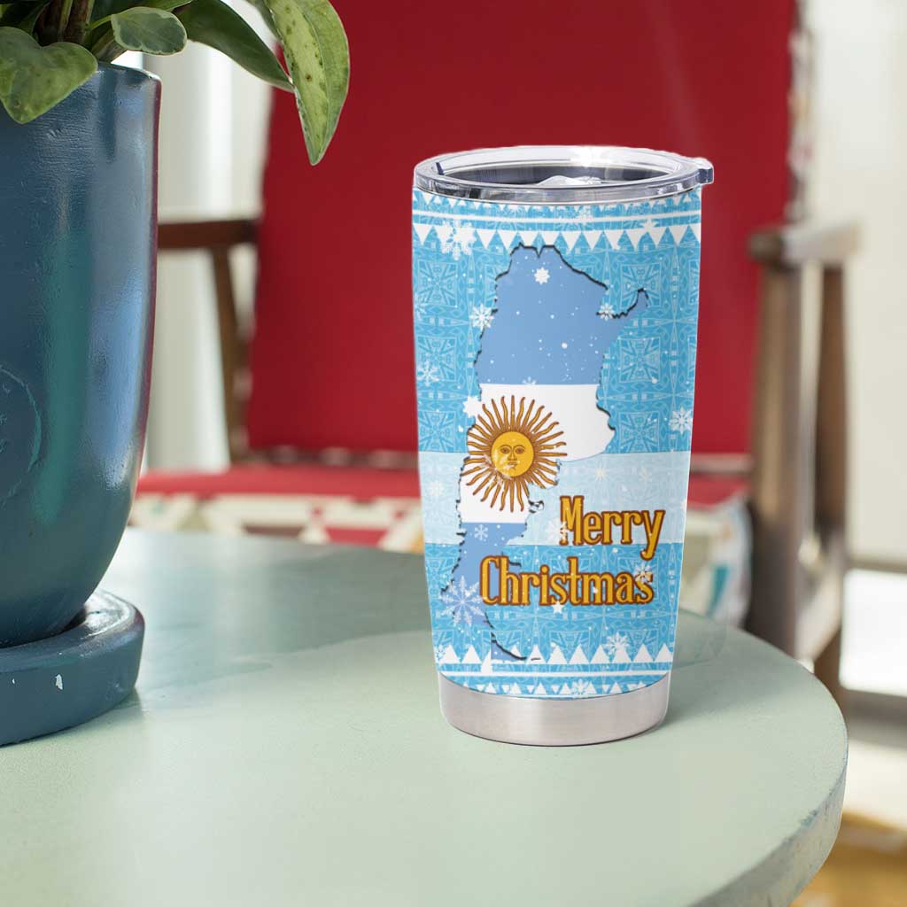 Argentina Christmas Tumbler Cup with Blue-White Snowflake Pattern, Sun Emblem, and Map Motif - Wonder Print Shop