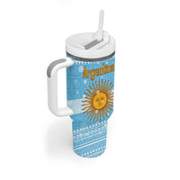 Argentina Christmas Tumbler With Handle with Blue-White Snowflake Pattern, Sun Emblem, and Map Motif - Wonder Print Shop