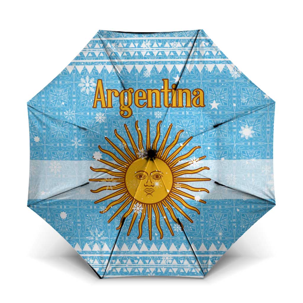 Argentina Christmas Umbrella with Blue-White Snowflake Pattern, Sun Emblem, and Map Motif - Wonder Print Shop