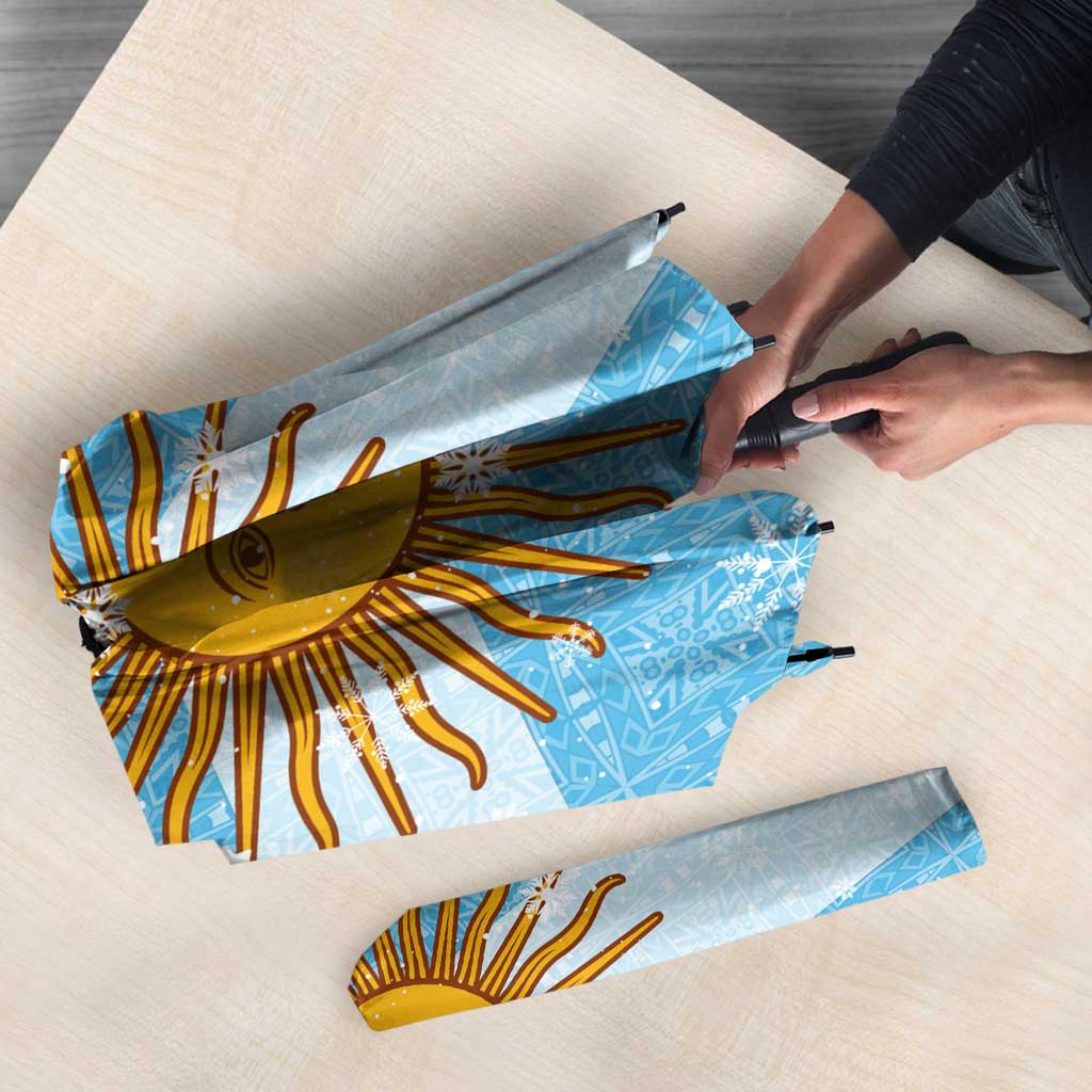 Argentina Christmas Umbrella with Blue-White Snowflake Pattern, Sun Emblem, and Map Motif - Wonder Print Shop