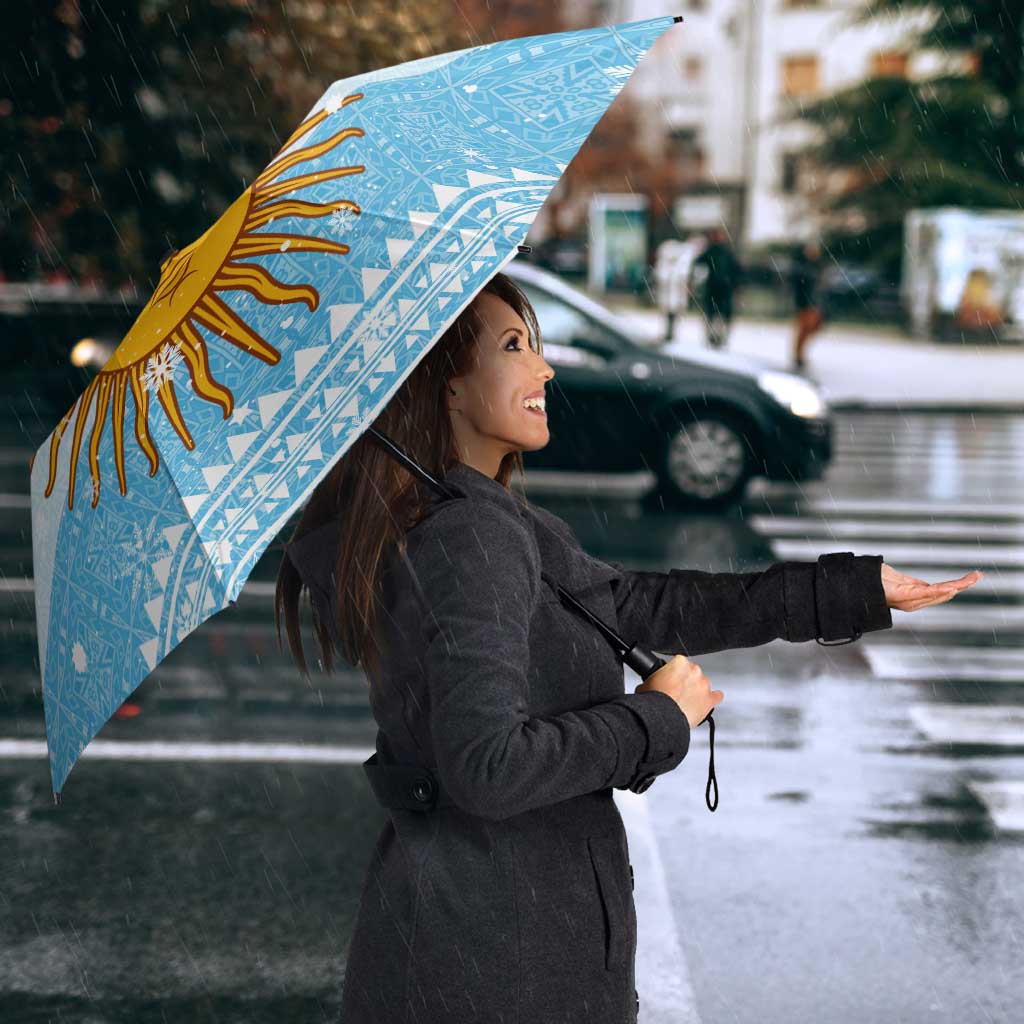 Argentina Christmas Umbrella with Blue-White Snowflake Pattern, Sun Emblem, and Map Motif - Wonder Print Shop