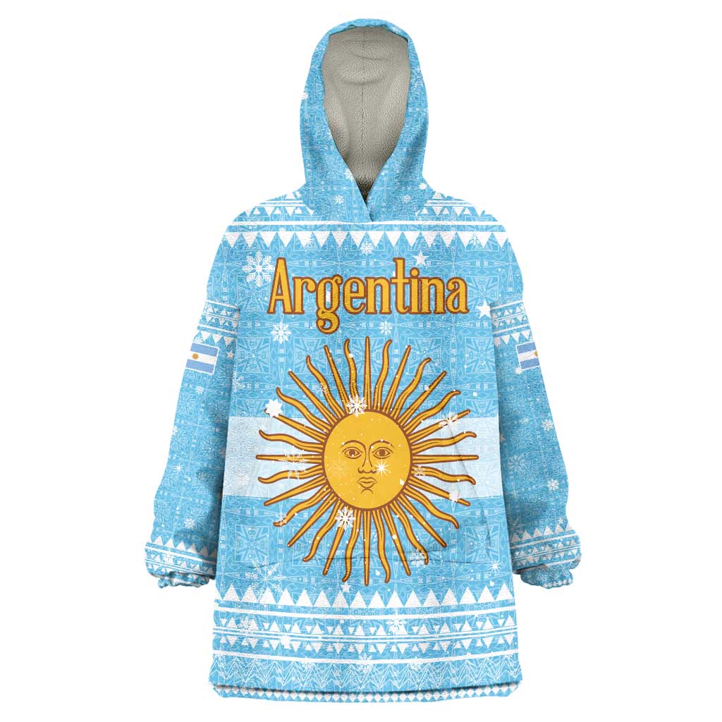 Argentina Christmas Wearable Blanket Hoodie with Blue-White Snowflake Pattern, Sun Emblem, and Map Motif - Wonder Print Shop