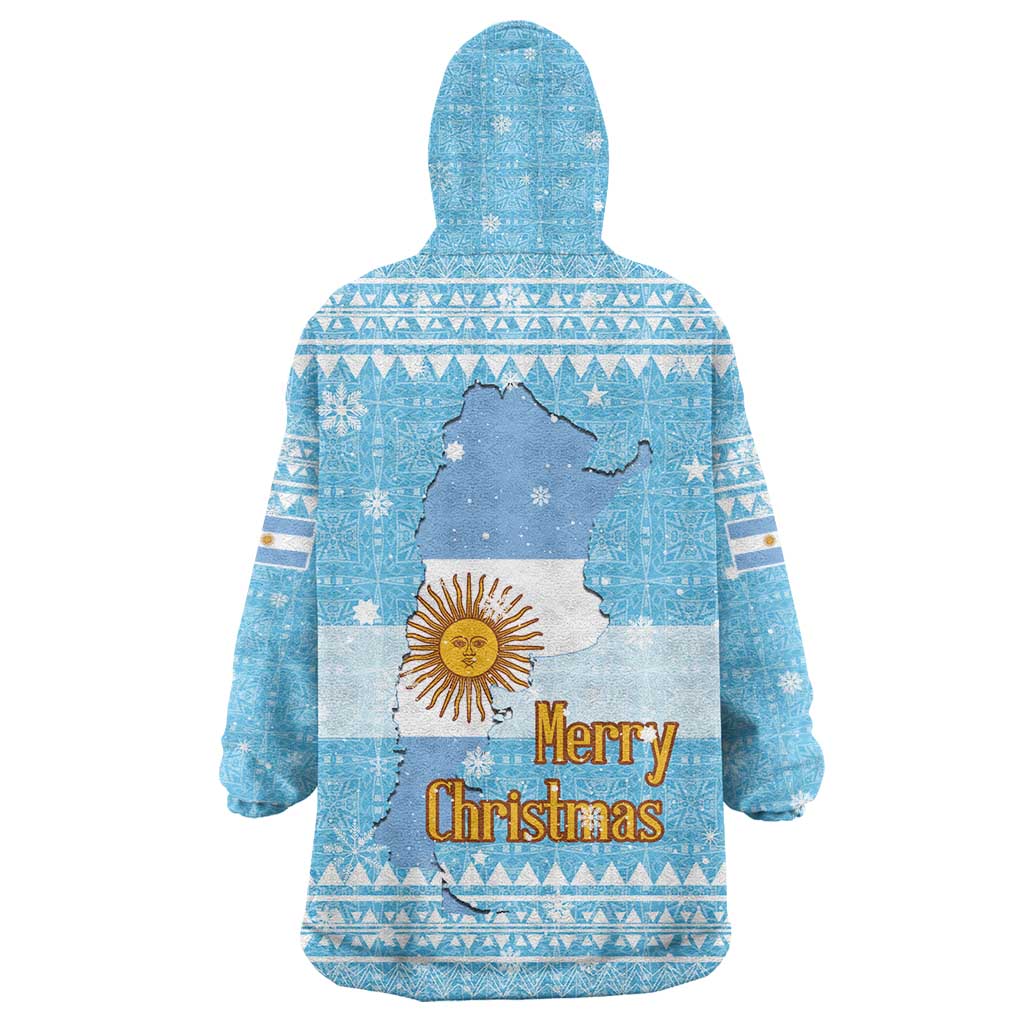 Argentina Christmas Wearable Blanket Hoodie with Blue-White Snowflake Pattern, Sun Emblem, and Map Motif - Wonder Print Shop