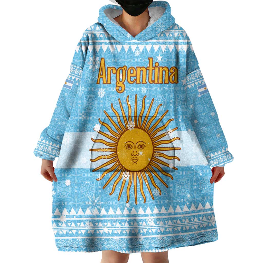 Argentina Christmas Wearable Blanket Hoodie with Blue-White Snowflake Pattern, Sun Emblem, and Map Motif - Wonder Print Shop