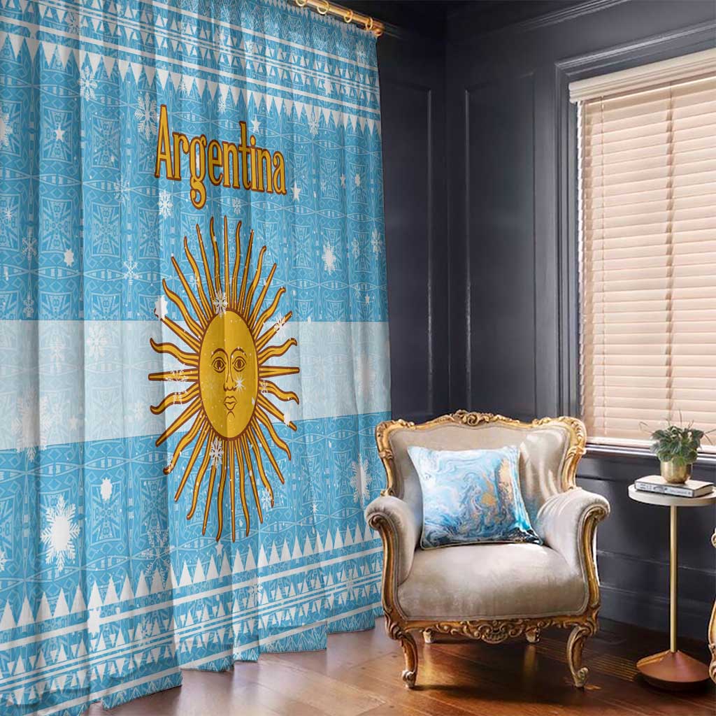 Argentina Christmas Window Curtain with Blue-White Snowflake Pattern, Sun Emblem, and Map Motif - Wonder Print Shop