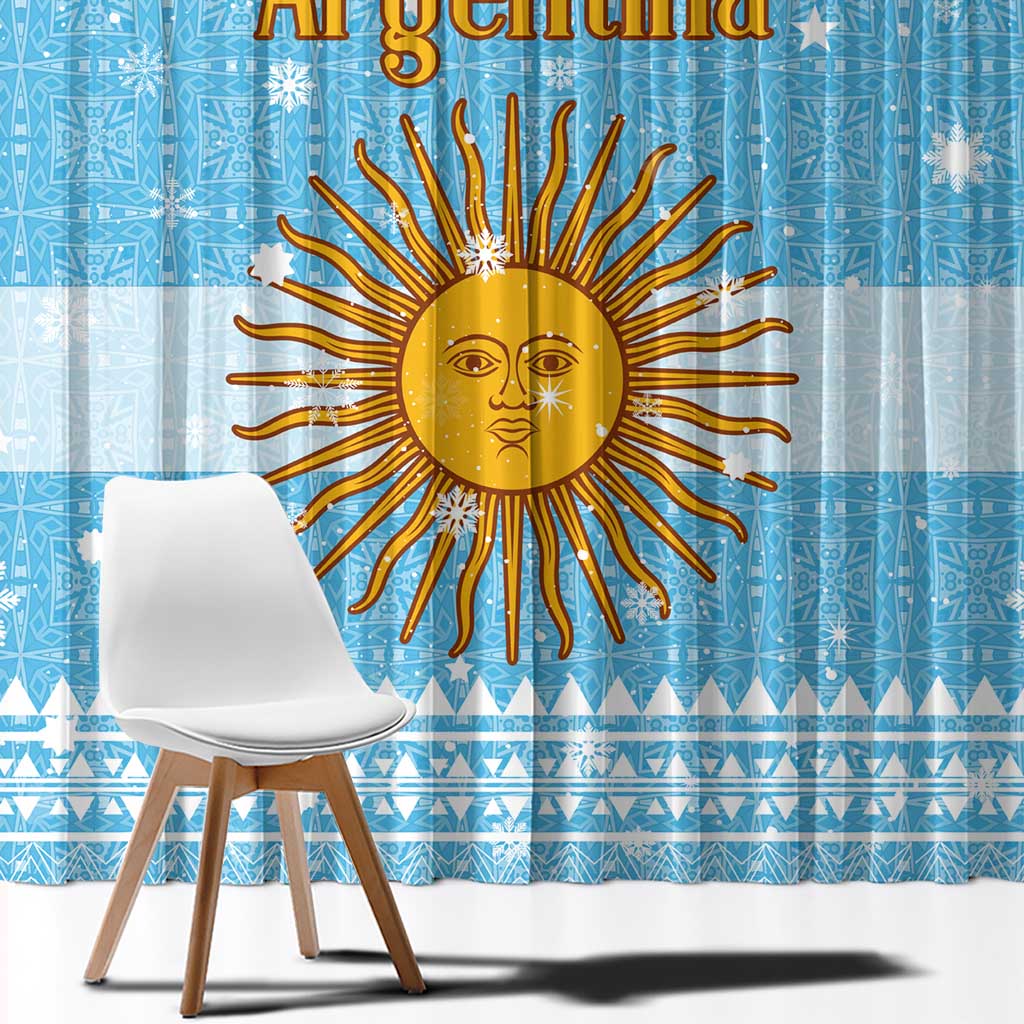 Argentina Christmas Window Curtain with Blue-White Snowflake Pattern, Sun Emblem, and Map Motif - Wonder Print Shop
