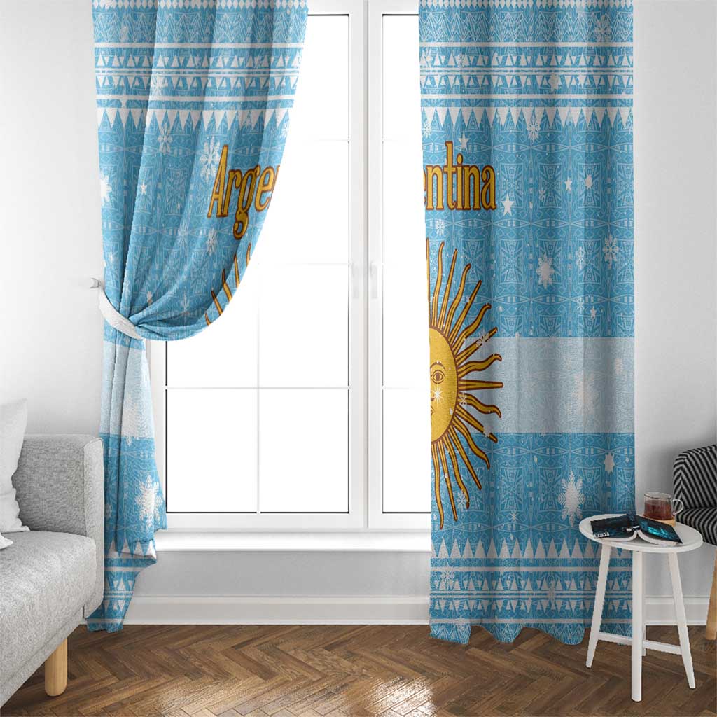 Argentina Christmas Window Curtain with Blue-White Snowflake Pattern, Sun Emblem, and Map Motif - Wonder Print Shop