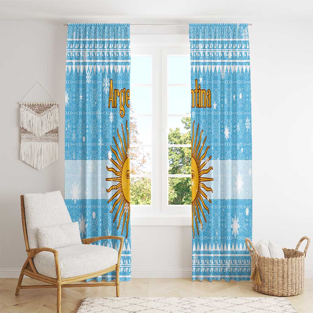 Argentina Christmas Window Curtain with Blue-White Snowflake Pattern, Sun Emblem, and Map Motif - Wonder Print Shop