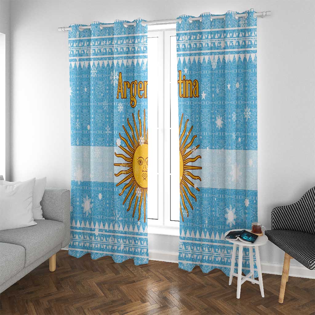 Argentina Christmas Window Curtain with Blue-White Snowflake Pattern, Sun Emblem, and Map Motif - Wonder Print Shop