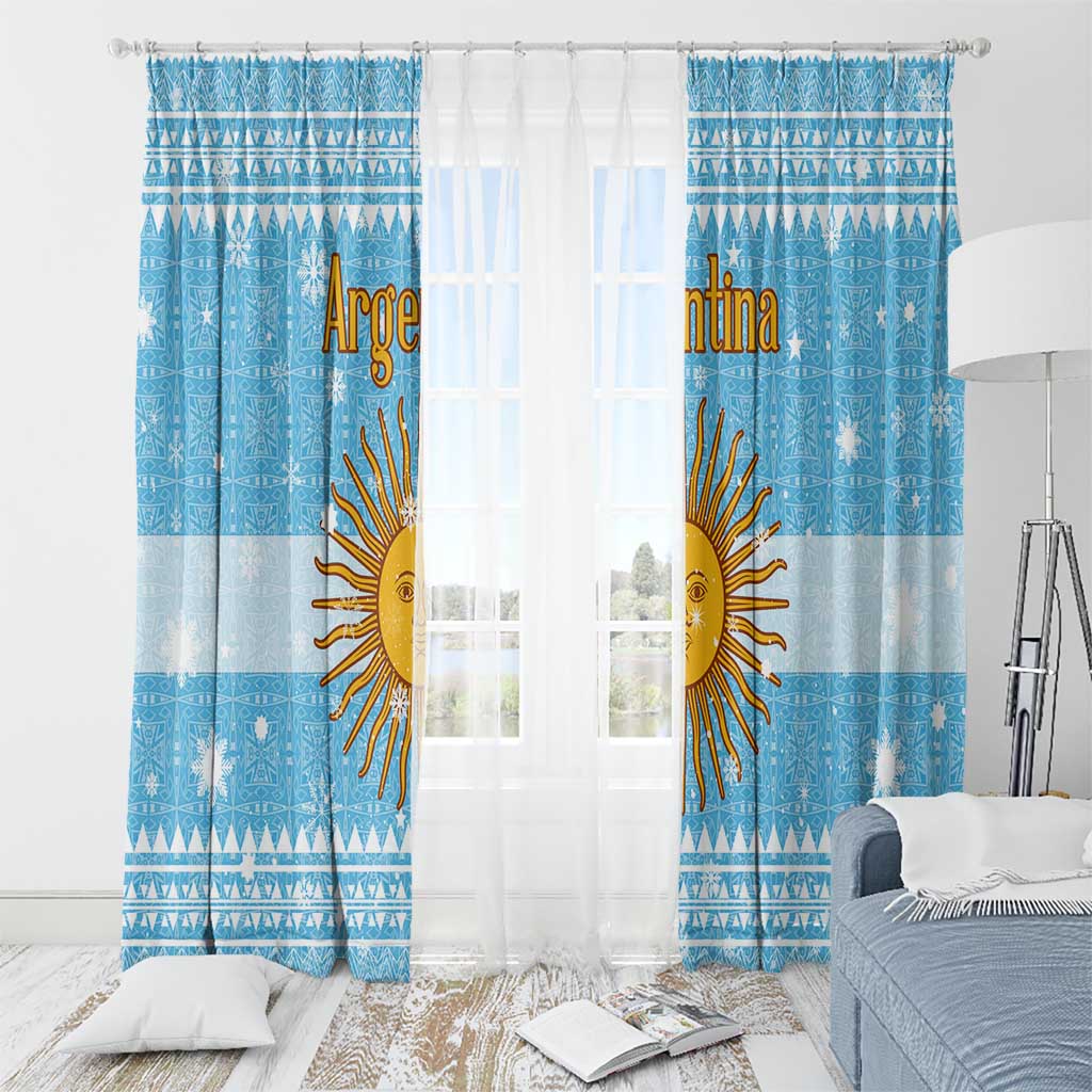 Argentina Christmas Window Curtain with Blue-White Snowflake Pattern, Sun Emblem, and Map Motif - Wonder Print Shop