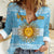 Argentina Christmas Women Casual Shirt with Blue-White Snowflake Pattern, Sun Emblem, and Map Motif - Wonder Print Shop